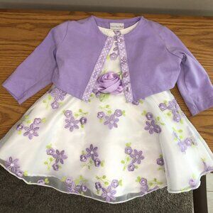 Sweet Heart Rose infant dress, size 6/9 months, white, lavender, matching shrug